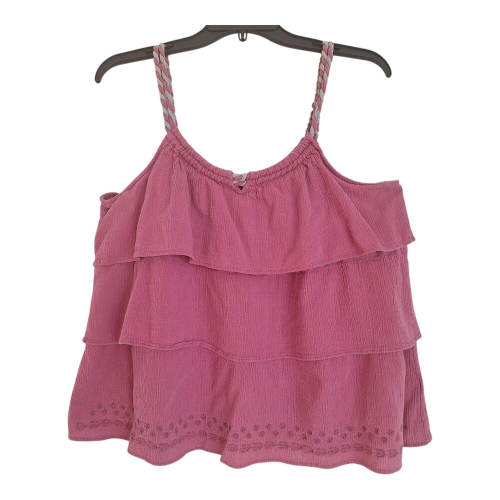 Berry Pink Tank Top Ruffle Blouse Layers Rope Strap Boho Embroidered XL Route 66